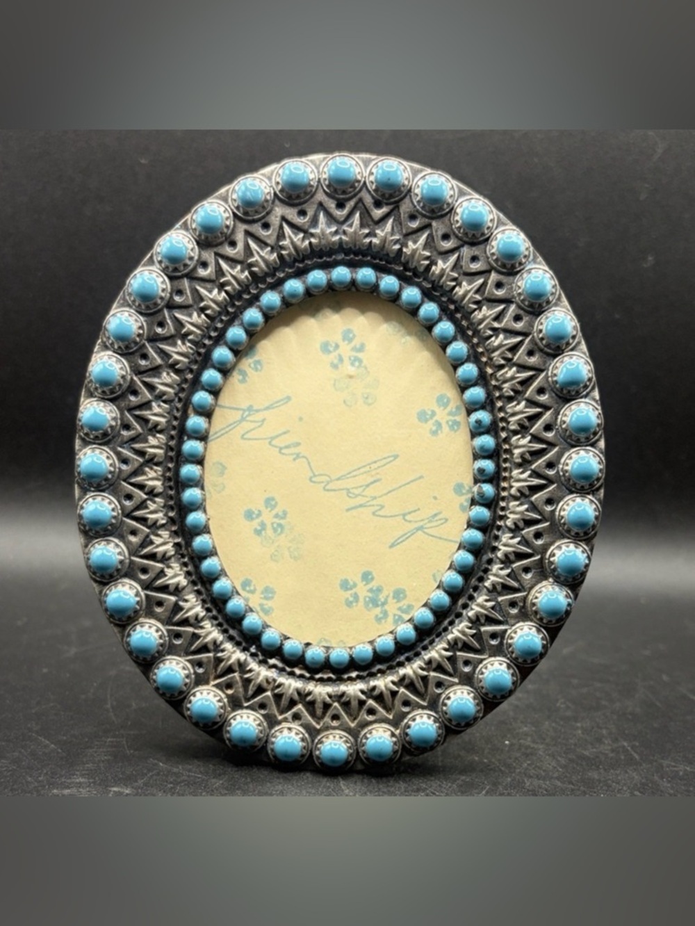 Vintage Turquoise Enamel Silver Tone Metal Oval Photo Frame with Kickback Stand